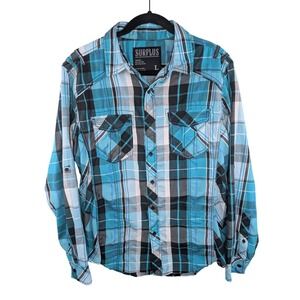 Surplus Mens Plaid Button Down Shirt Large Blue Teal‎ Black Western Long Sleeve